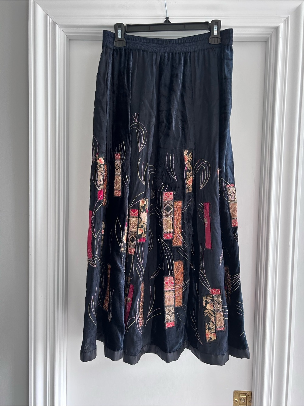 Coldwater Creek Black Maxi Skirt with Multicolor Embroidered Patchwork